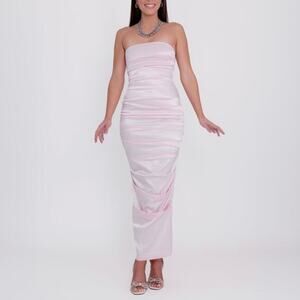 AMAZING MAE Pink Ruched Strapless Satin Maxi Dress
